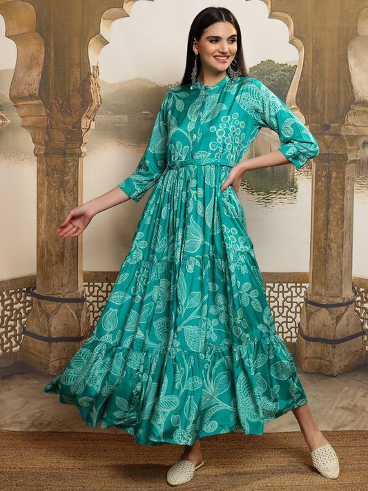 Women Aqua Floral Maxi Dress with Belt (Set of 2)