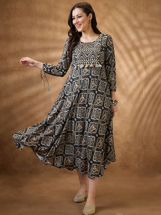 Women Black Yoke Tie-Up Sleeves and Coin Detail Motifs A-Line Midi Dress