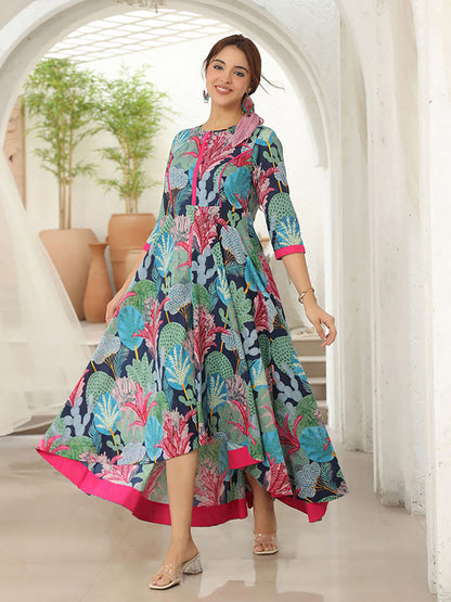 Women Blue Cotton Round Neck Dress