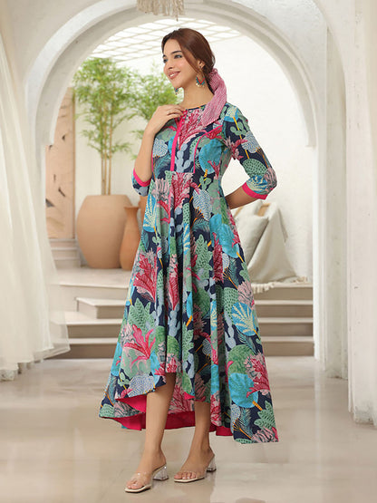 Women Blue Cotton Round Neck Dress