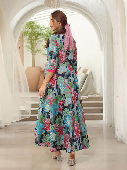 Women Blue Cotton Round Neck Dress