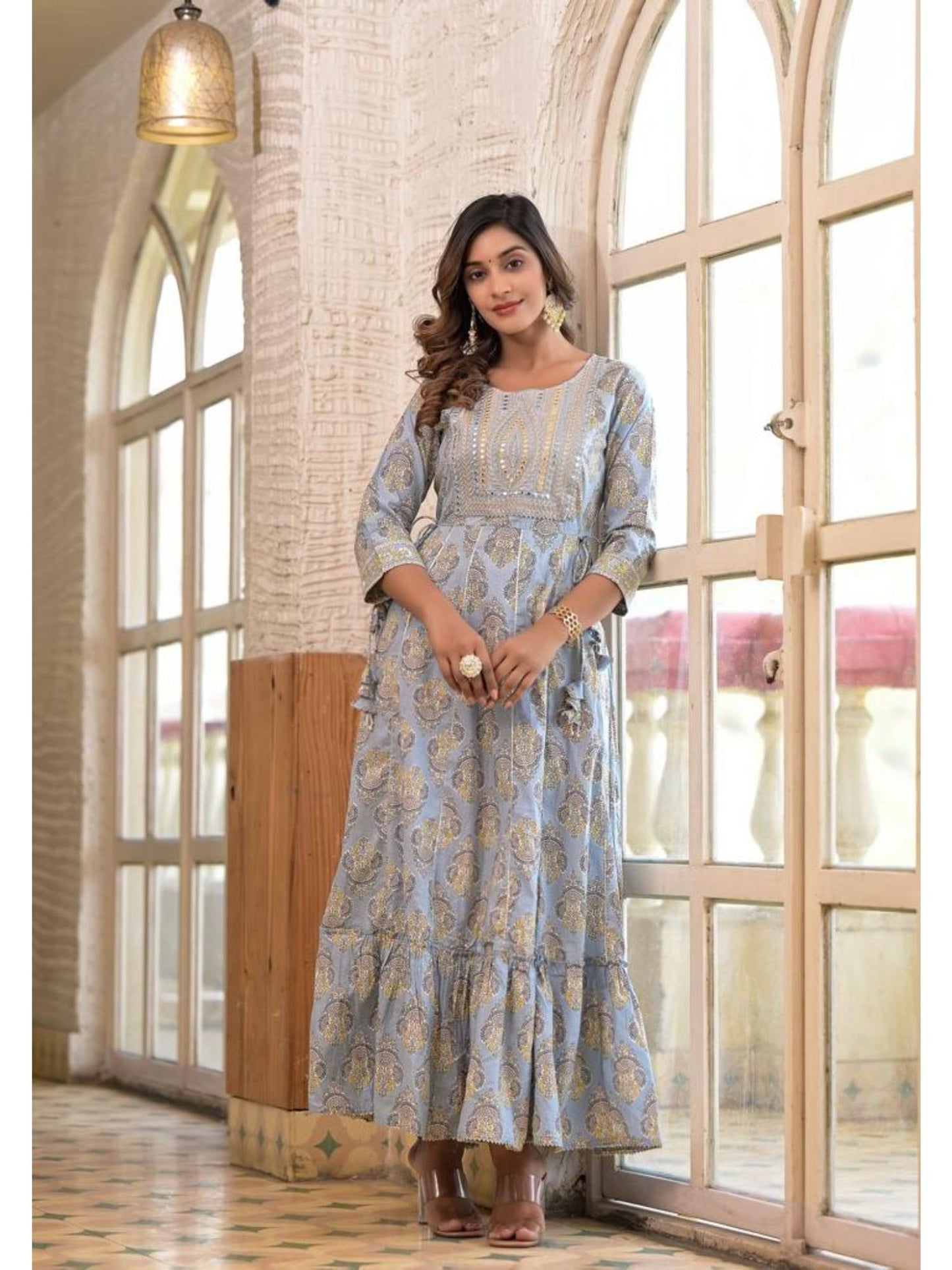 Women Blue Ethnic Motif Mirror Work Embroidered Yoke Maxi Dress
