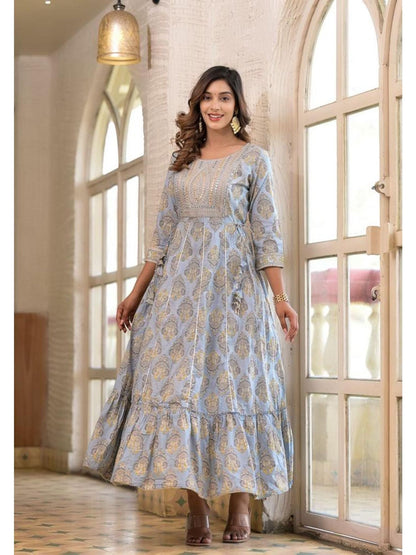 Women Blue Ethnic Motif Mirror Work Embroidered Yoke Maxi Dress