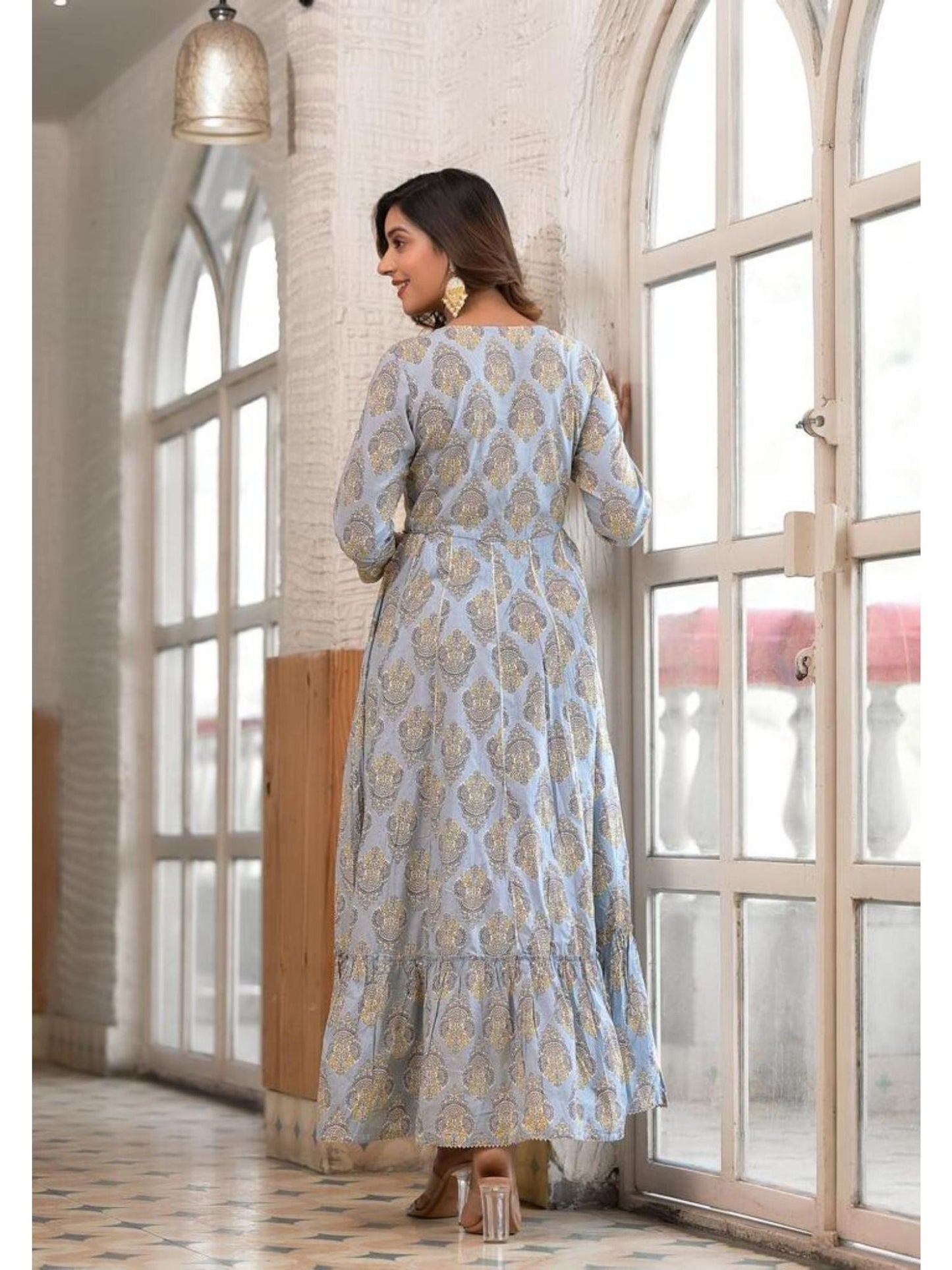 Women Blue Ethnic Motif Mirror Work Embroidered Yoke Maxi Dress