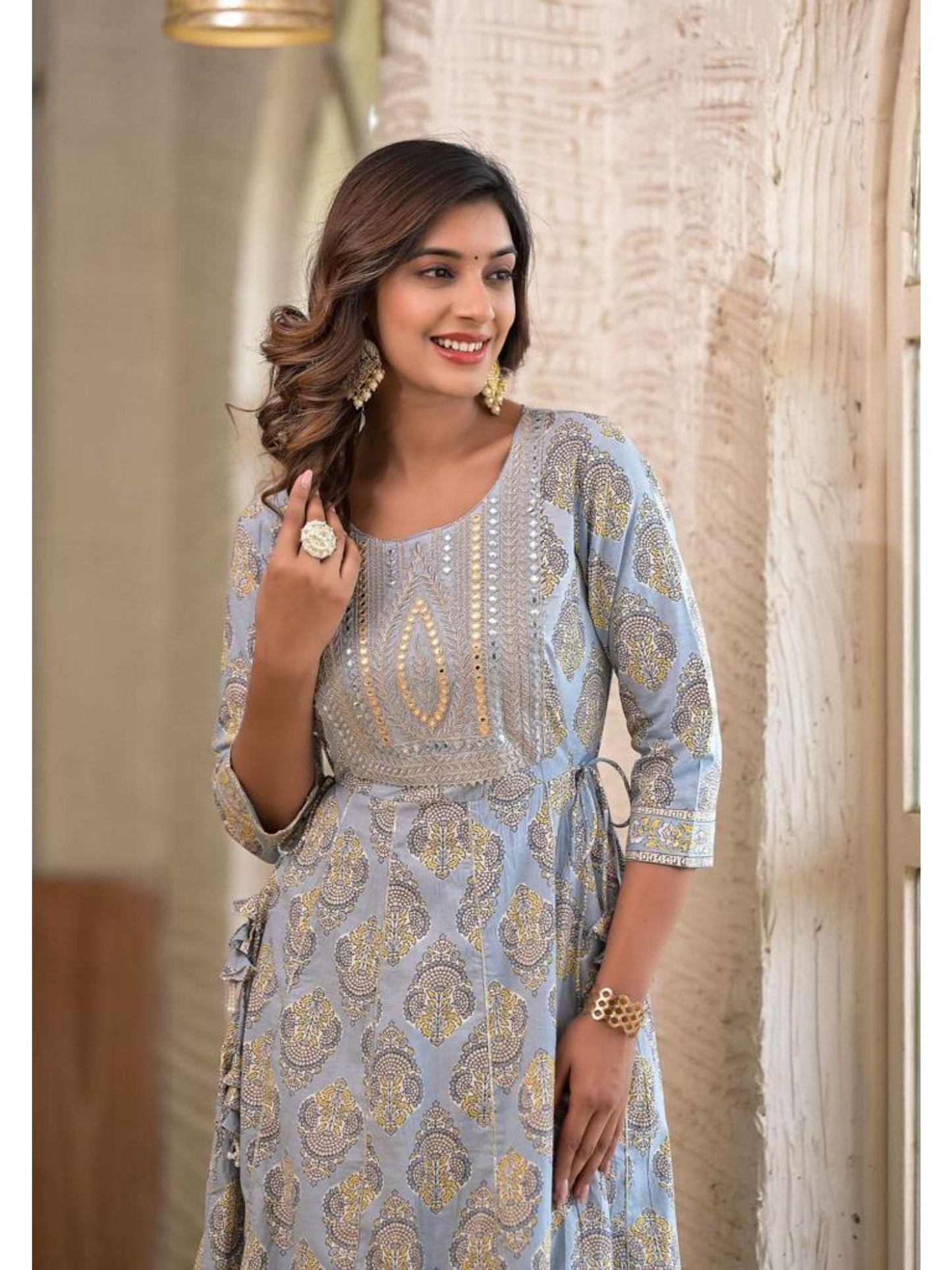 Women Blue Ethnic Motif Mirror Work Embroidered Yoke Maxi Dress