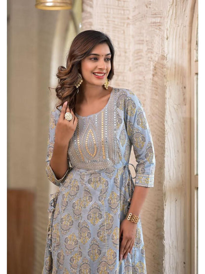 Women Blue Ethnic Motif Mirror Work Embroidered Yoke Maxi Dress