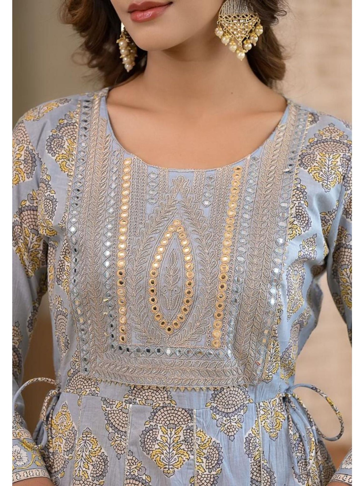 Women Blue Ethnic Motif Mirror Work Embroidered Yoke Maxi Dress