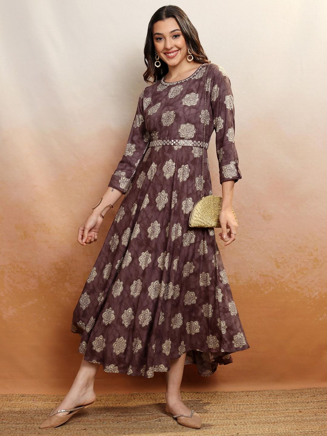 Women Brown Printed Midi Dress with Belt (Set of 2)