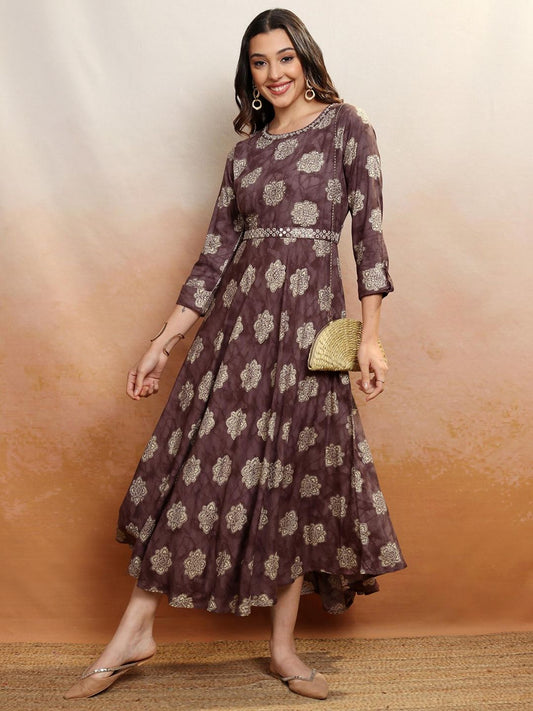 Women Brown Printed Midi Dress with Belt (Set of 2)