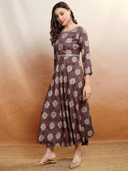 Women Brown Printed Midi Dress with Belt (Set of 2)