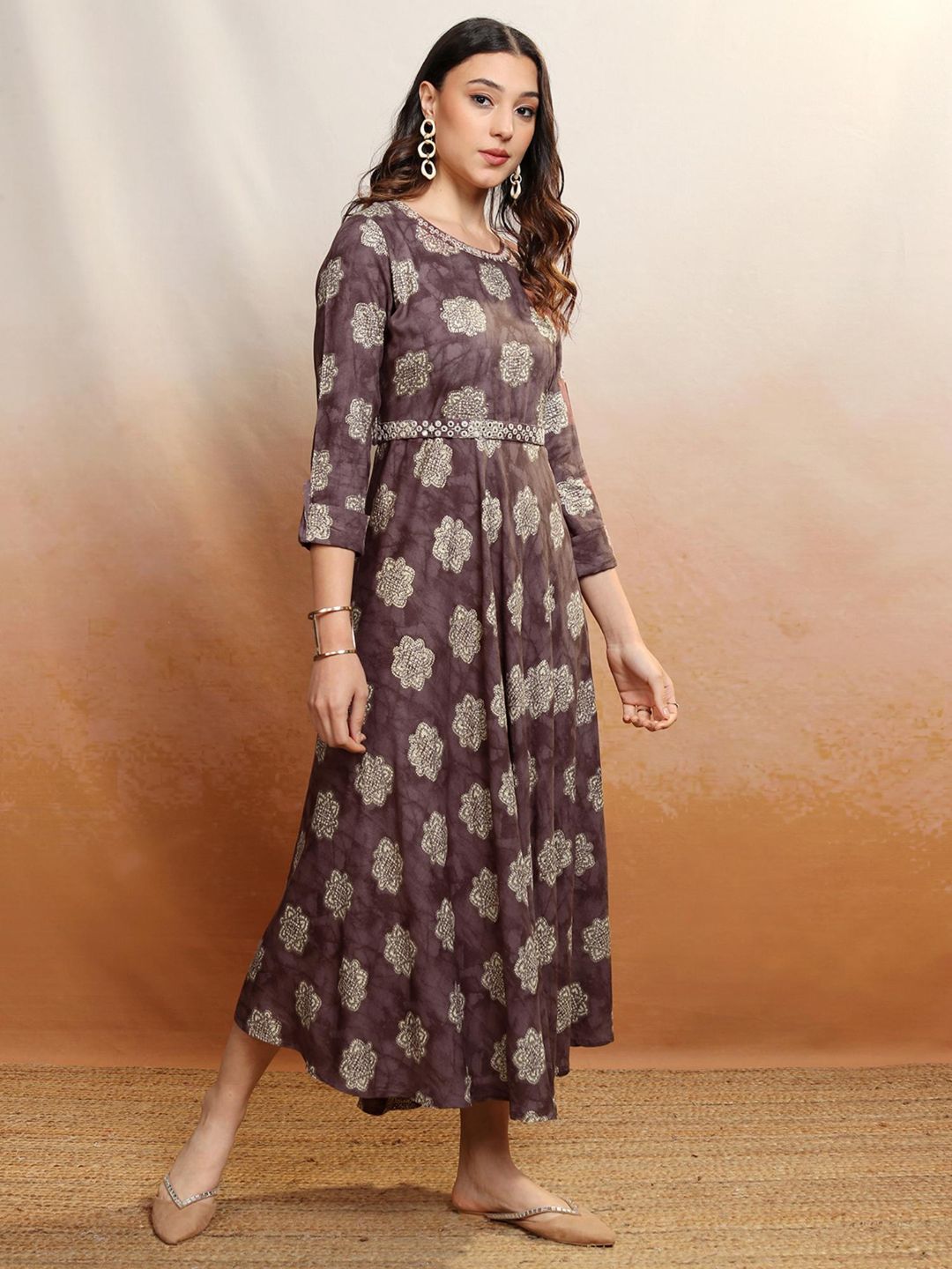 Women Brown Printed Midi Dress with Belt (Set of 2)