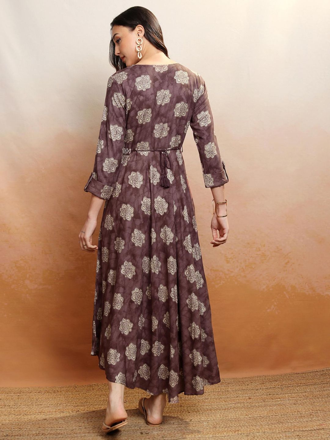 Women Brown Printed Midi Dress with Belt (Set of 2)