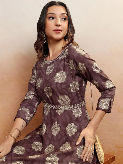 Women Brown Printed Midi Dress with Belt (Set of 2)