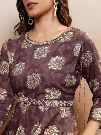 Women Brown Printed Midi Dress with Belt (Set of 2)