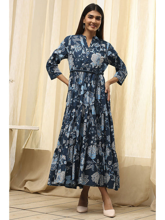 Women Earthy Blue Cotton Dress with Belt (Set of 2)