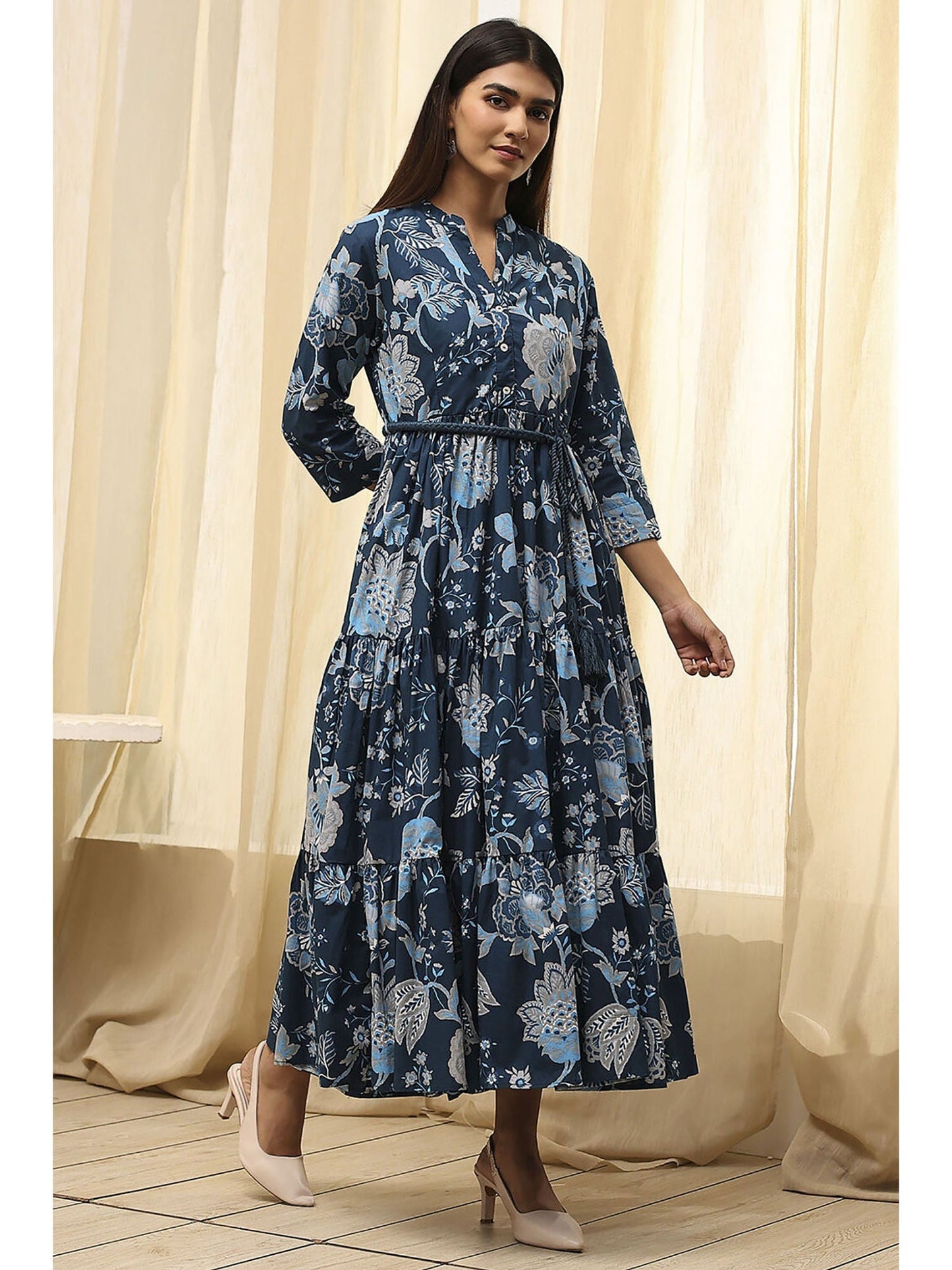 Women Earthy Blue Cotton Dress with Belt (Set of 2)
