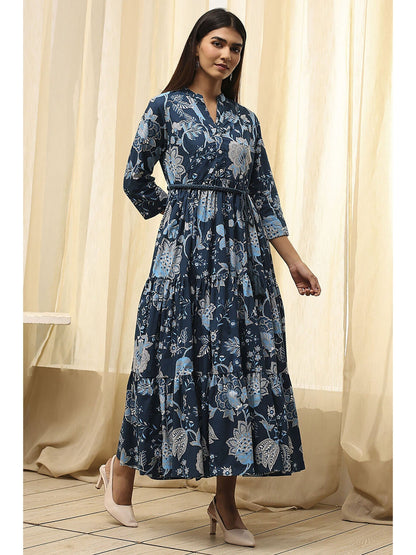 Women Earthy Blue Cotton Dress with Belt (Set of 2)
