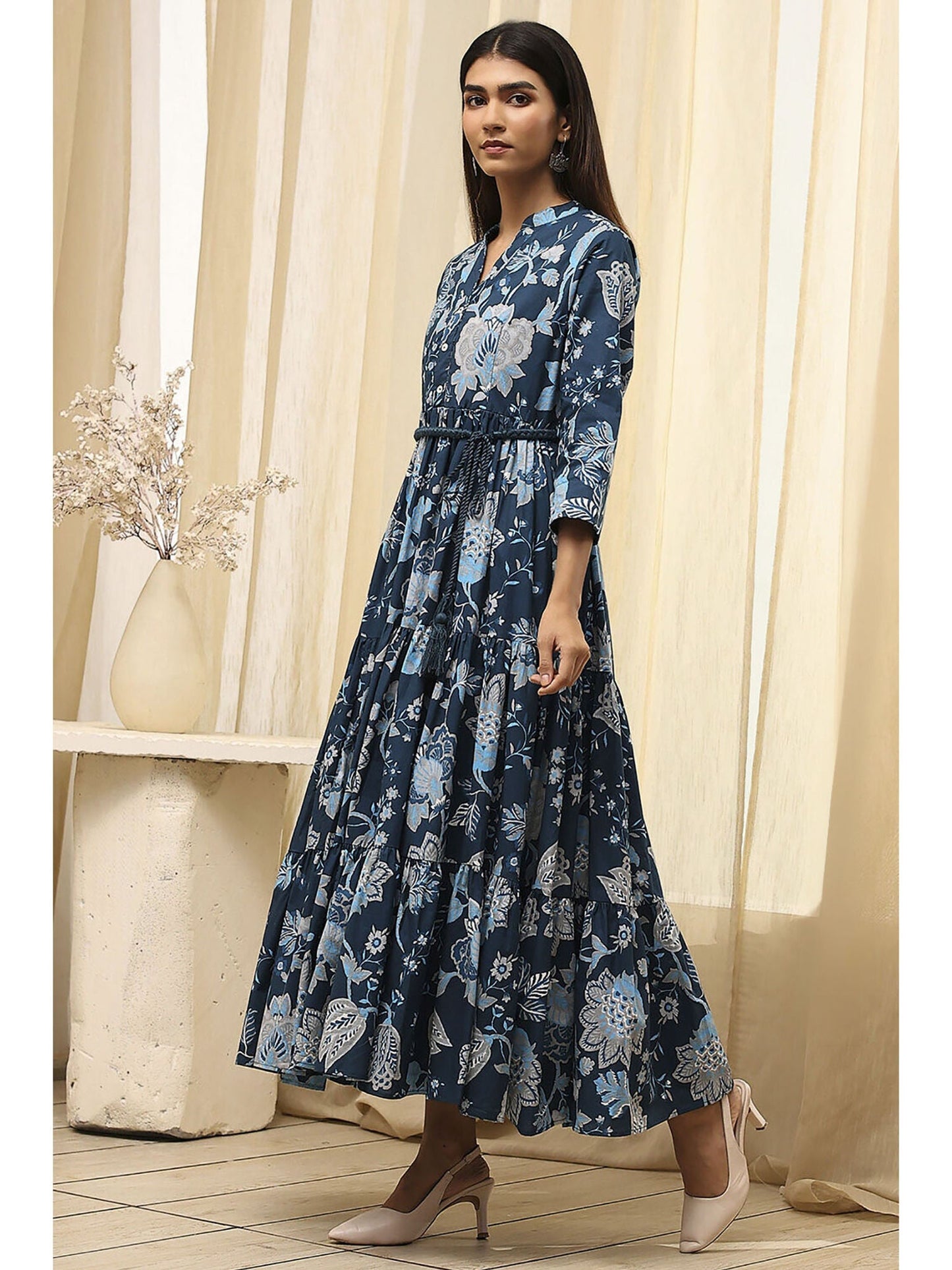 Women Earthy Blue Cotton Dress with Belt (Set of 2)