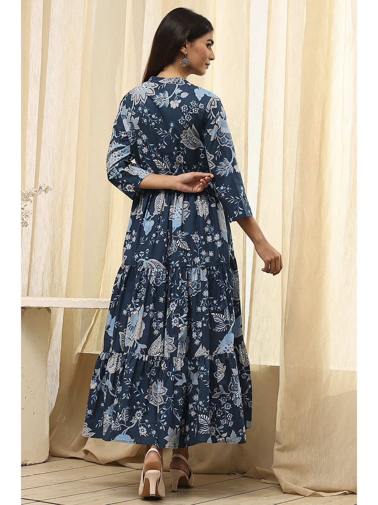 Women Earthy Blue Cotton Dress with Belt (Set of 2)