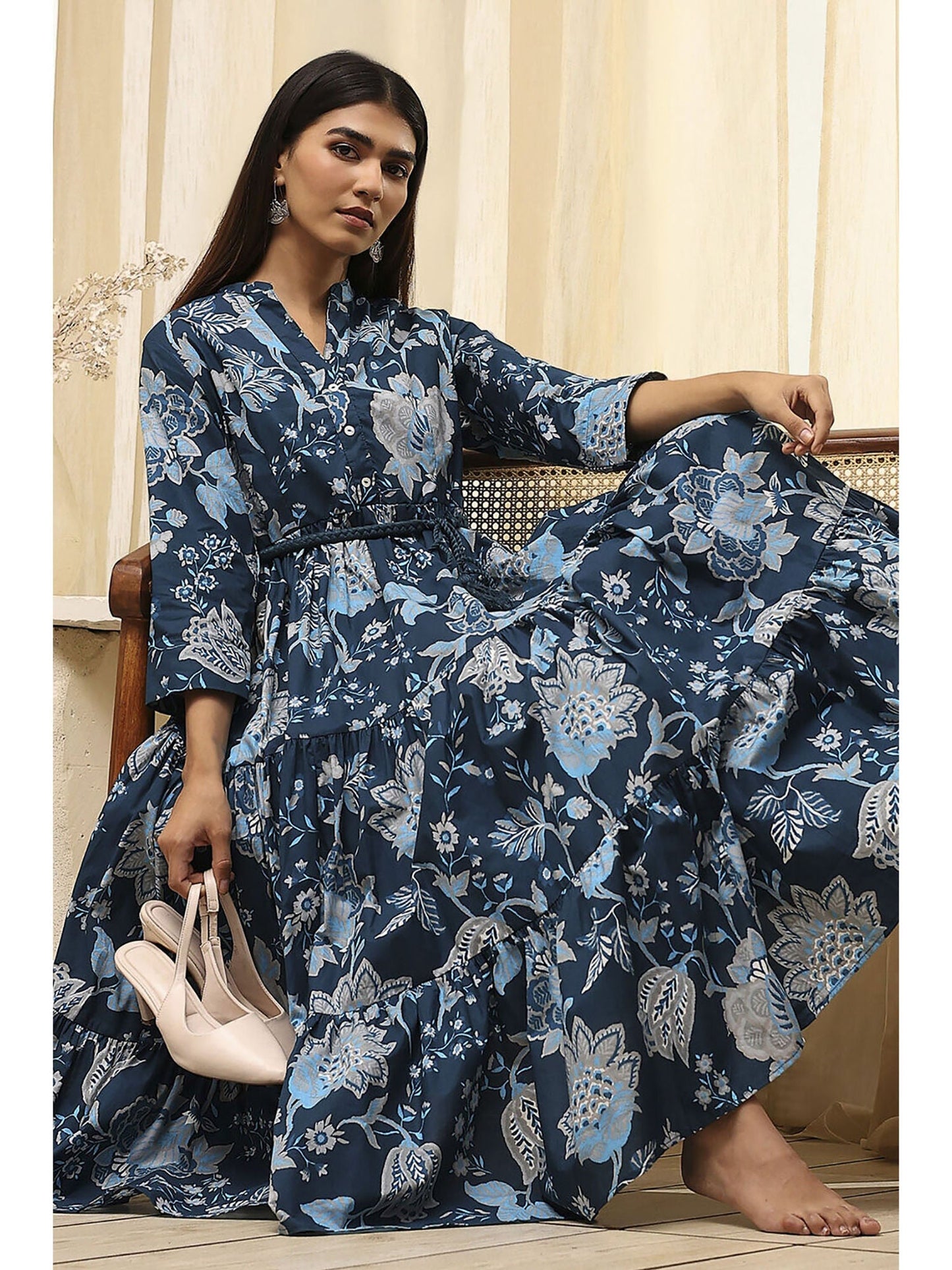 Women Earthy Blue Cotton Dress with Belt (Set of 2)