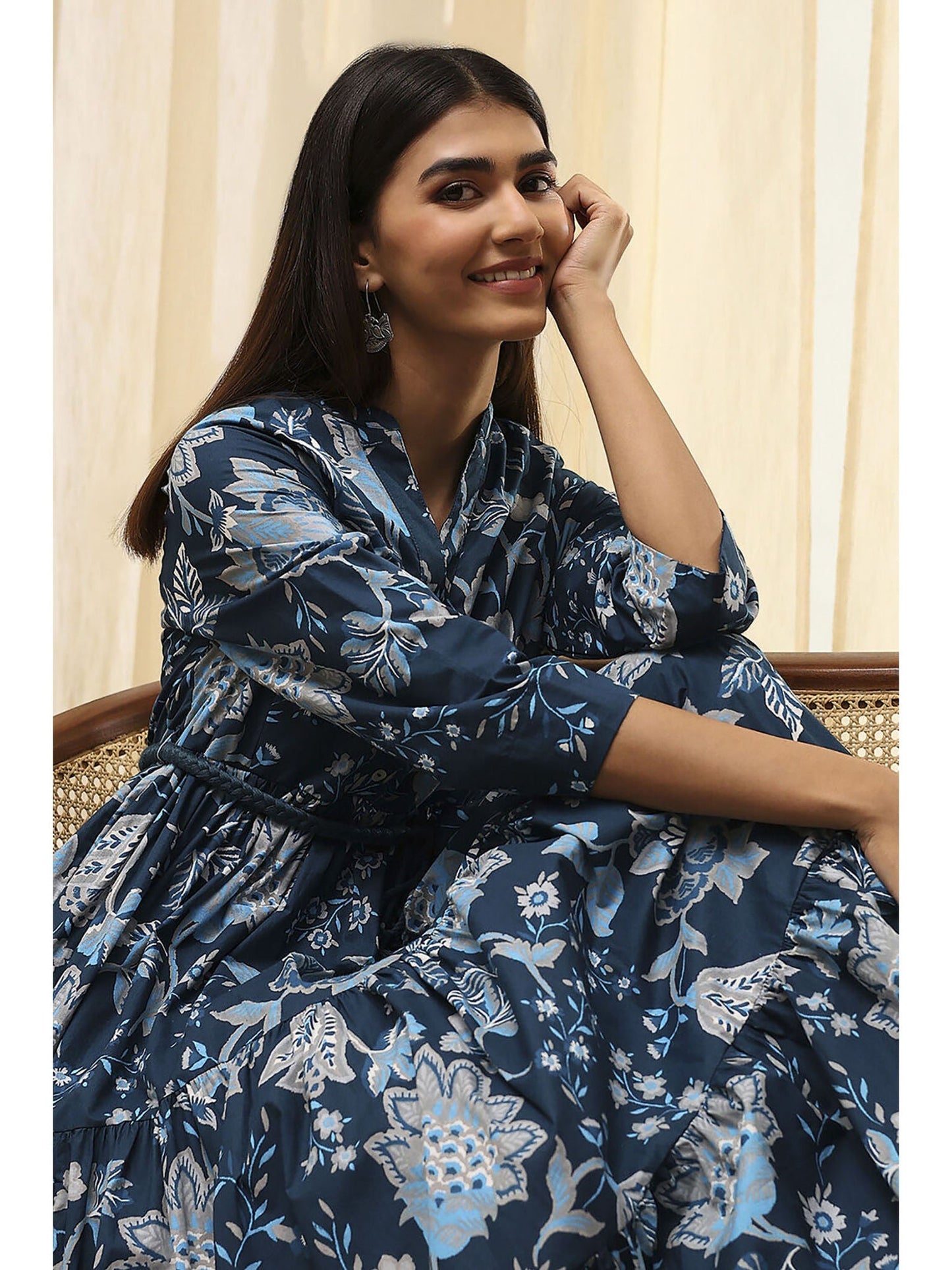 Women Earthy Blue Cotton Dress with Belt (Set of 2)