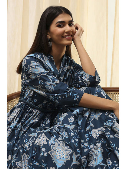 Women Earthy Blue Cotton Dress with Belt (Set of 2)