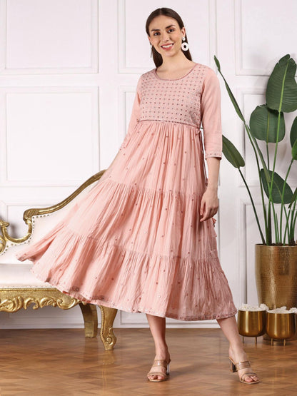Women Ethnic Embroidered Cotton Peach Color Midi Dress