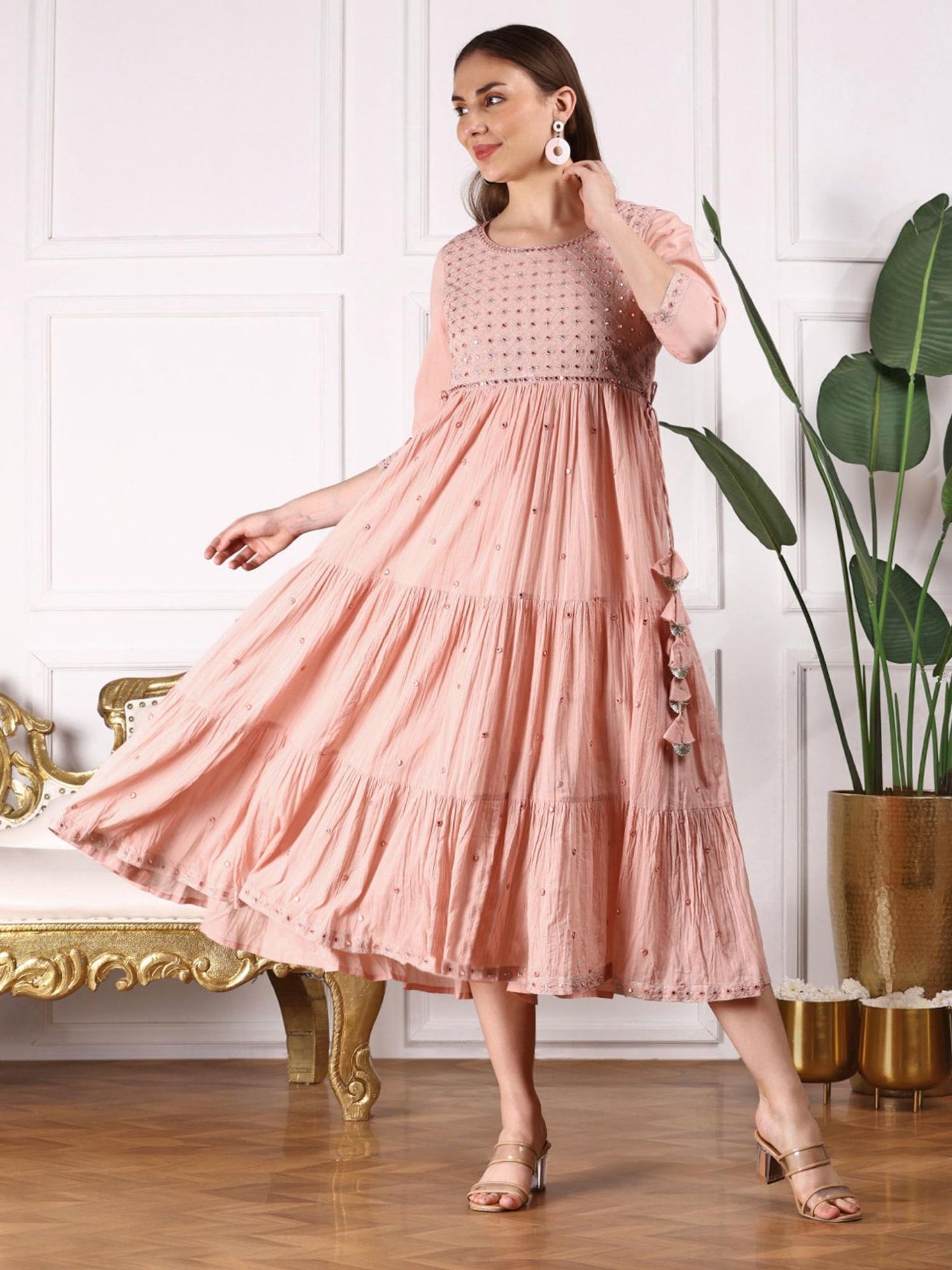 Women Ethnic Embroidered Cotton Peach Color Midi Dress