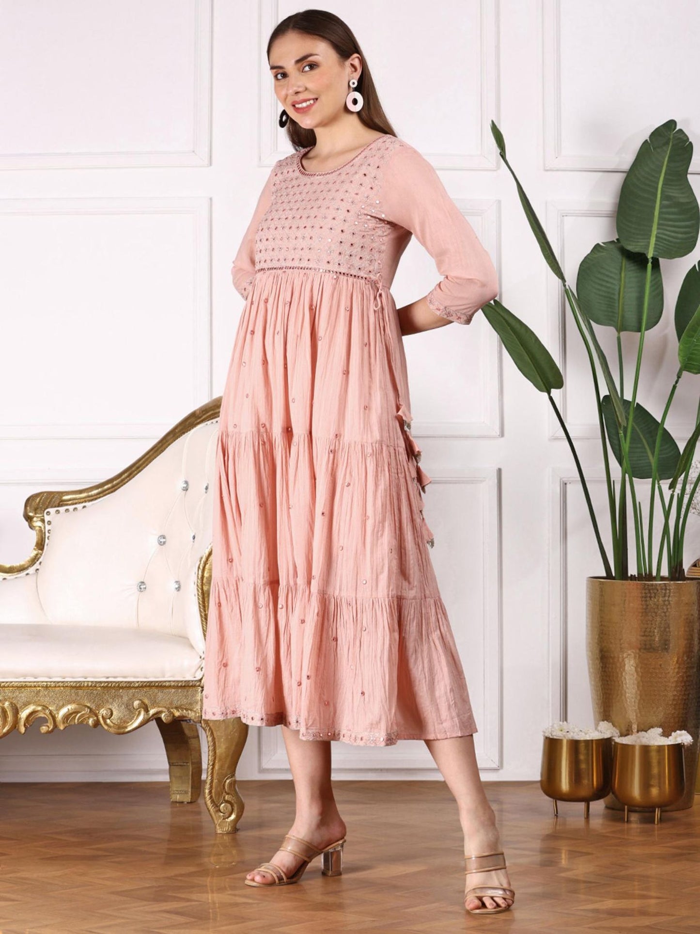 Women Ethnic Embroidered Cotton Peach Color Midi Dress