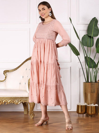 Women Ethnic Embroidered Cotton Peach Color Midi Dress
