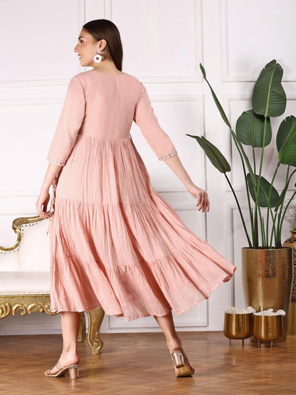 Women Ethnic Embroidered Cotton Peach Color Midi Dress