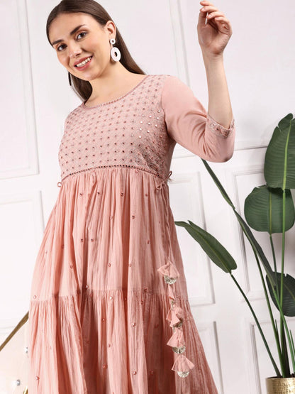 Women Ethnic Embroidered Cotton Peach Color Midi Dress