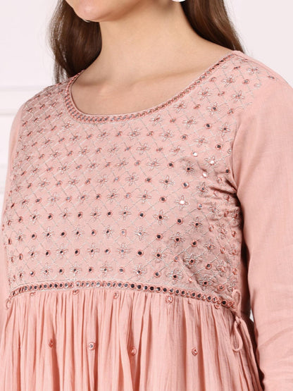 Women Ethnic Embroidered Cotton Peach Color Midi Dress