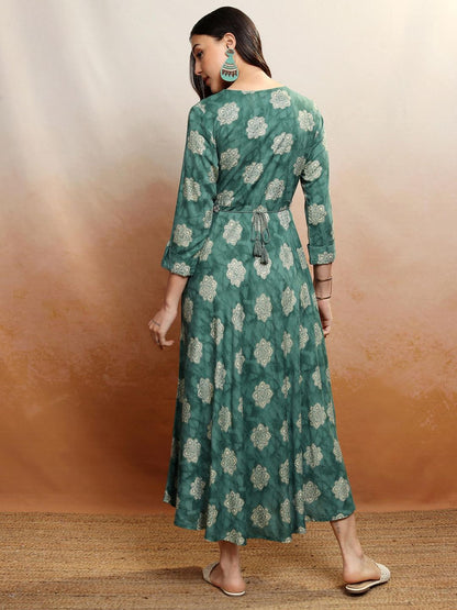 Women Ethnic Floral Printed Maxi Dress with Belt (Set of 2)