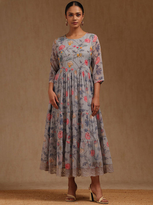 Women Floral Print Round Neck Three Fourth Sleeve Fit and Flare Ethnic Dress