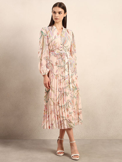 Women Floral Printed Bell Sleeve A-Line Midi Dress