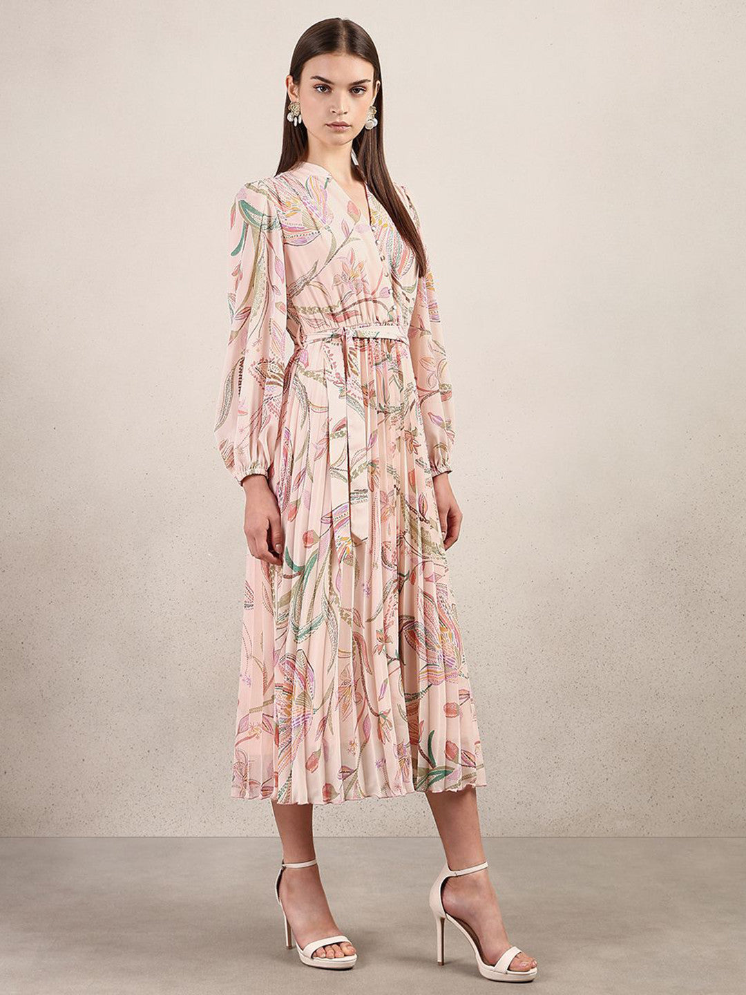 Women Floral Printed Bell Sleeve A-Line Midi Dress