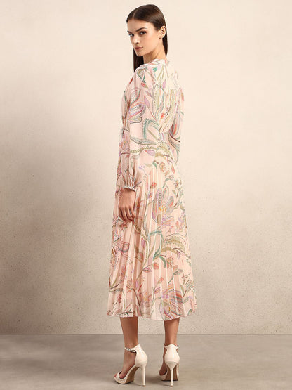 Women Floral Printed Bell Sleeve A-Line Midi Dress