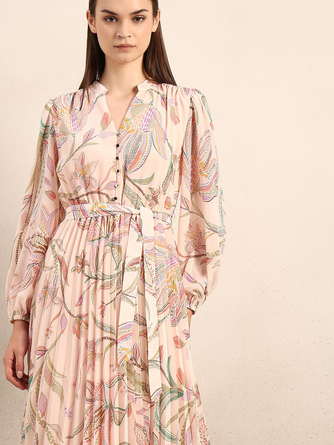 Women Floral Printed Bell Sleeve A-Line Midi Dress