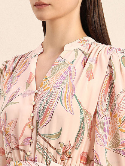 Women Floral Printed Bell Sleeve A-Line Midi Dress