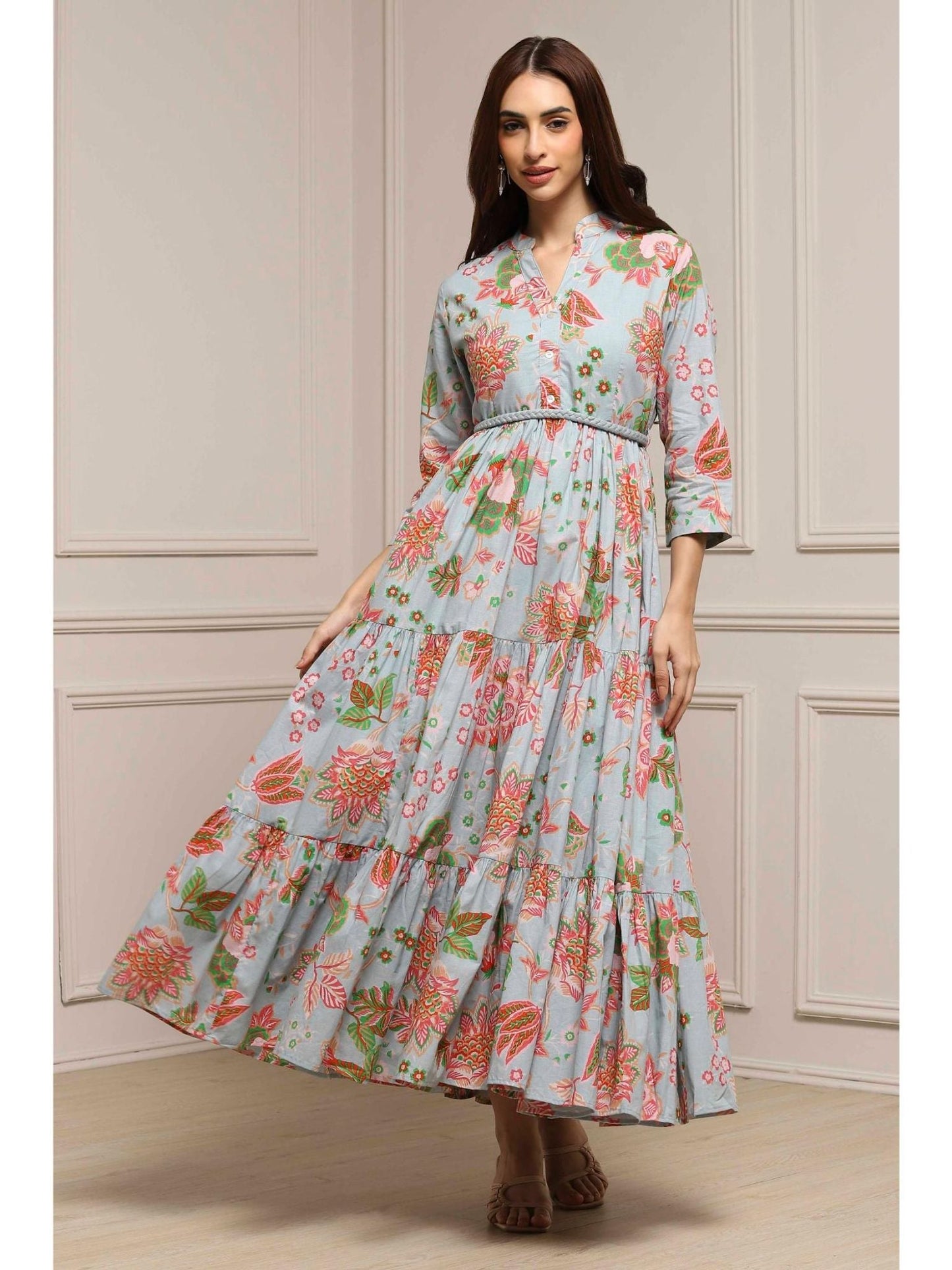 Women Light Blue Cotton Dress with Belt (Set of 2)