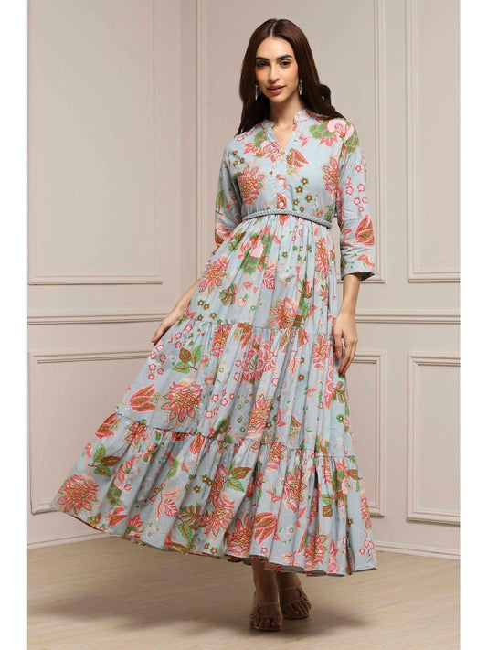 Women Light Blue Cotton Dress with Belt (Set of 2)