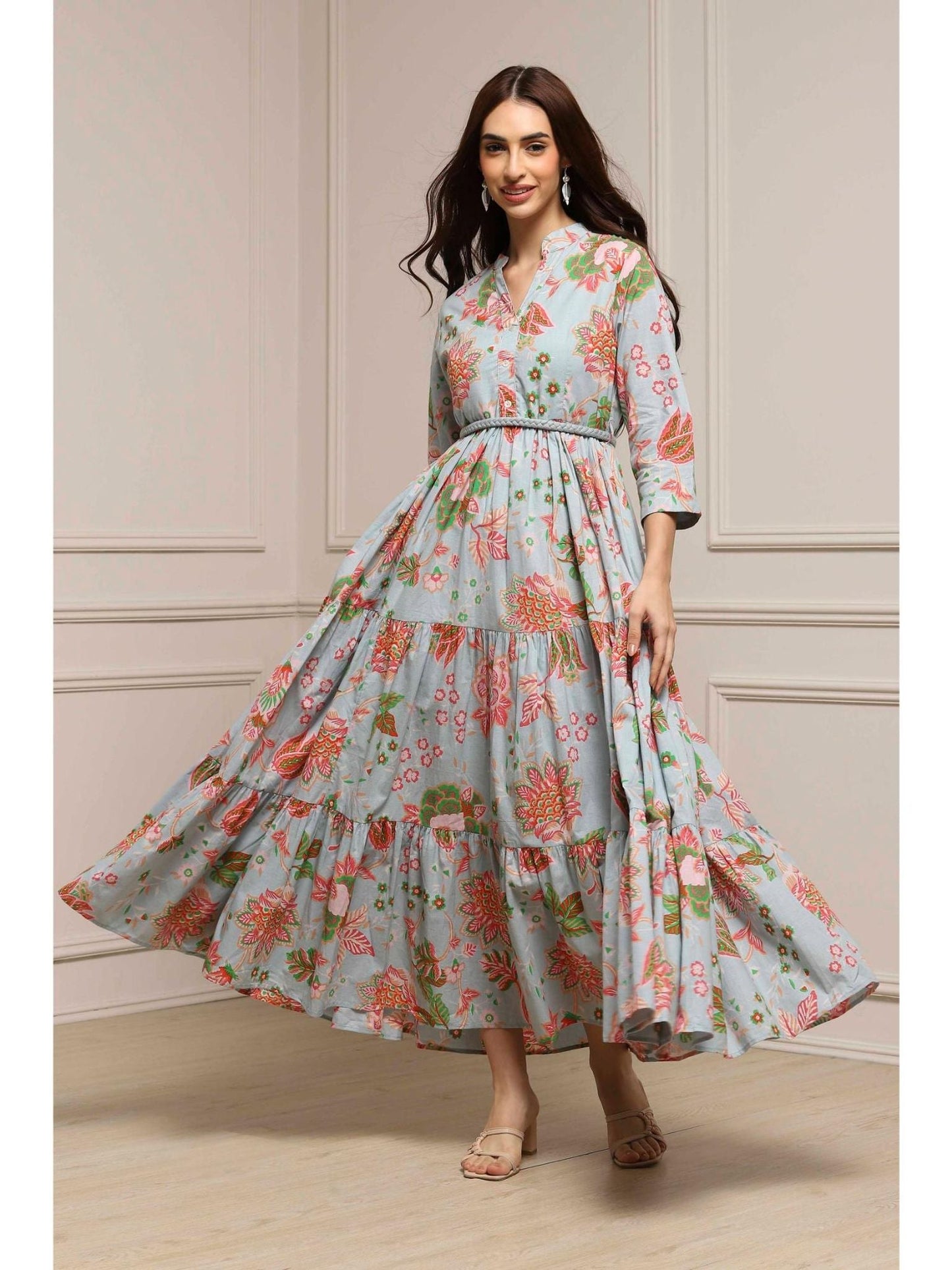 Women Light Blue Cotton Dress with Belt (Set of 2)