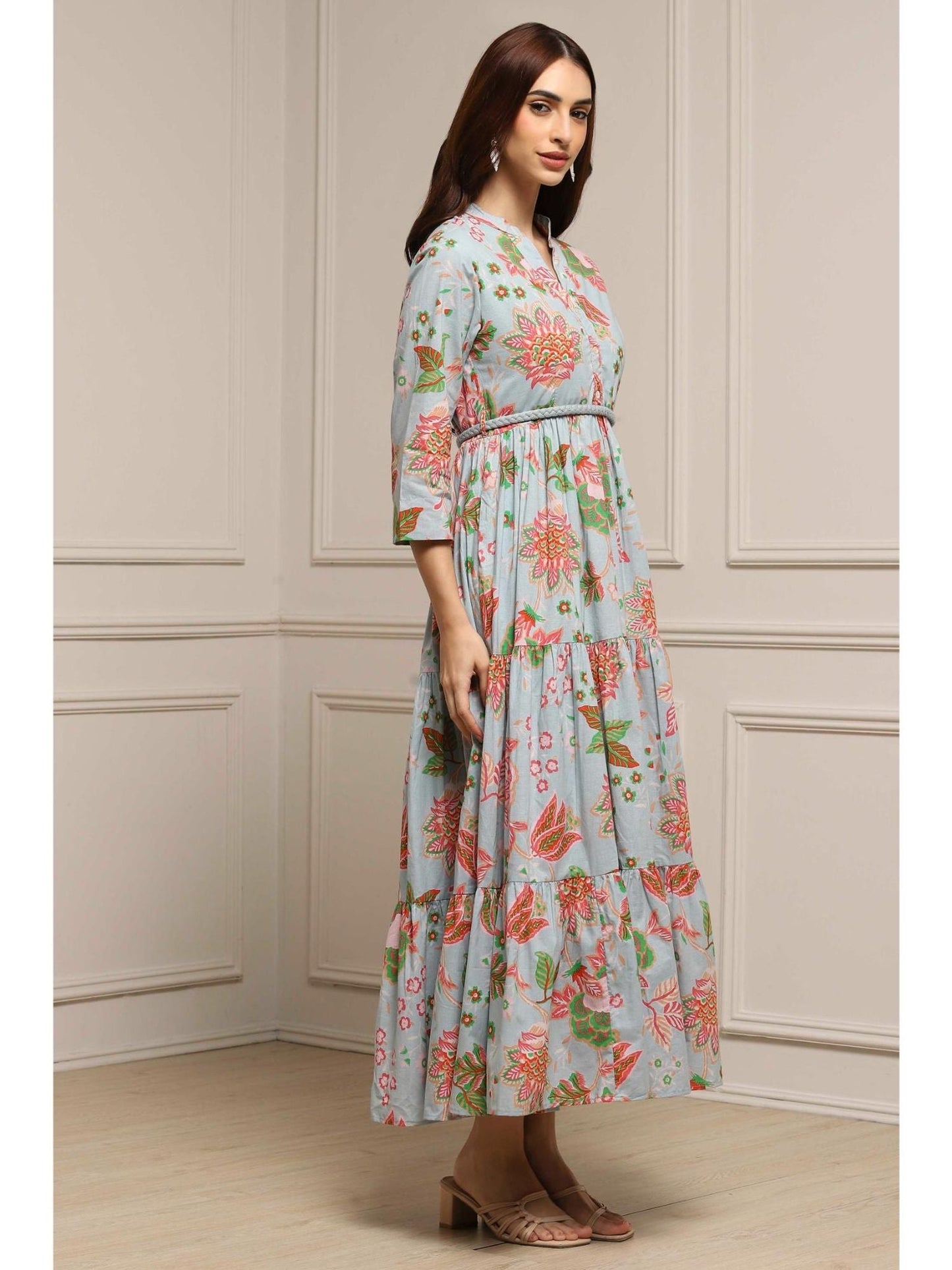 Women Light Blue Cotton Dress with Belt (Set of 2)