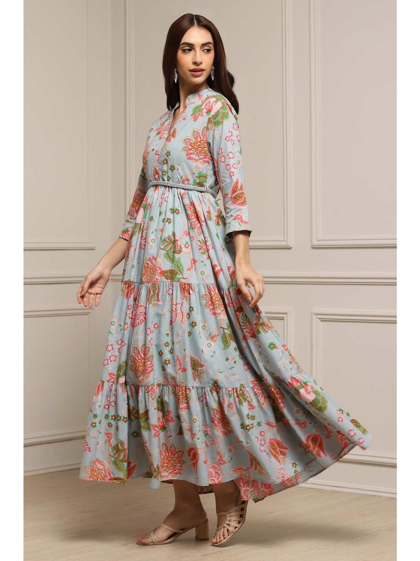 Women Light Blue Cotton Dress with Belt (Set of 2)