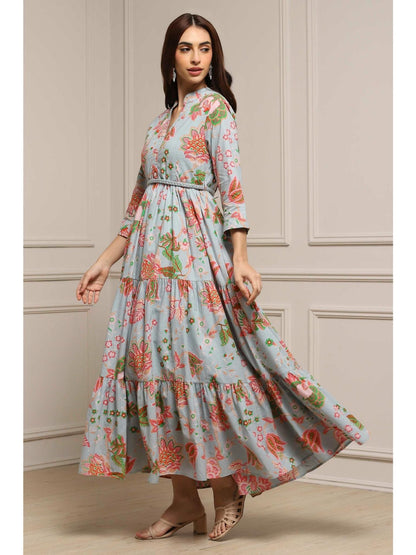 Women Light Blue Cotton Dress with Belt (Set of 2)