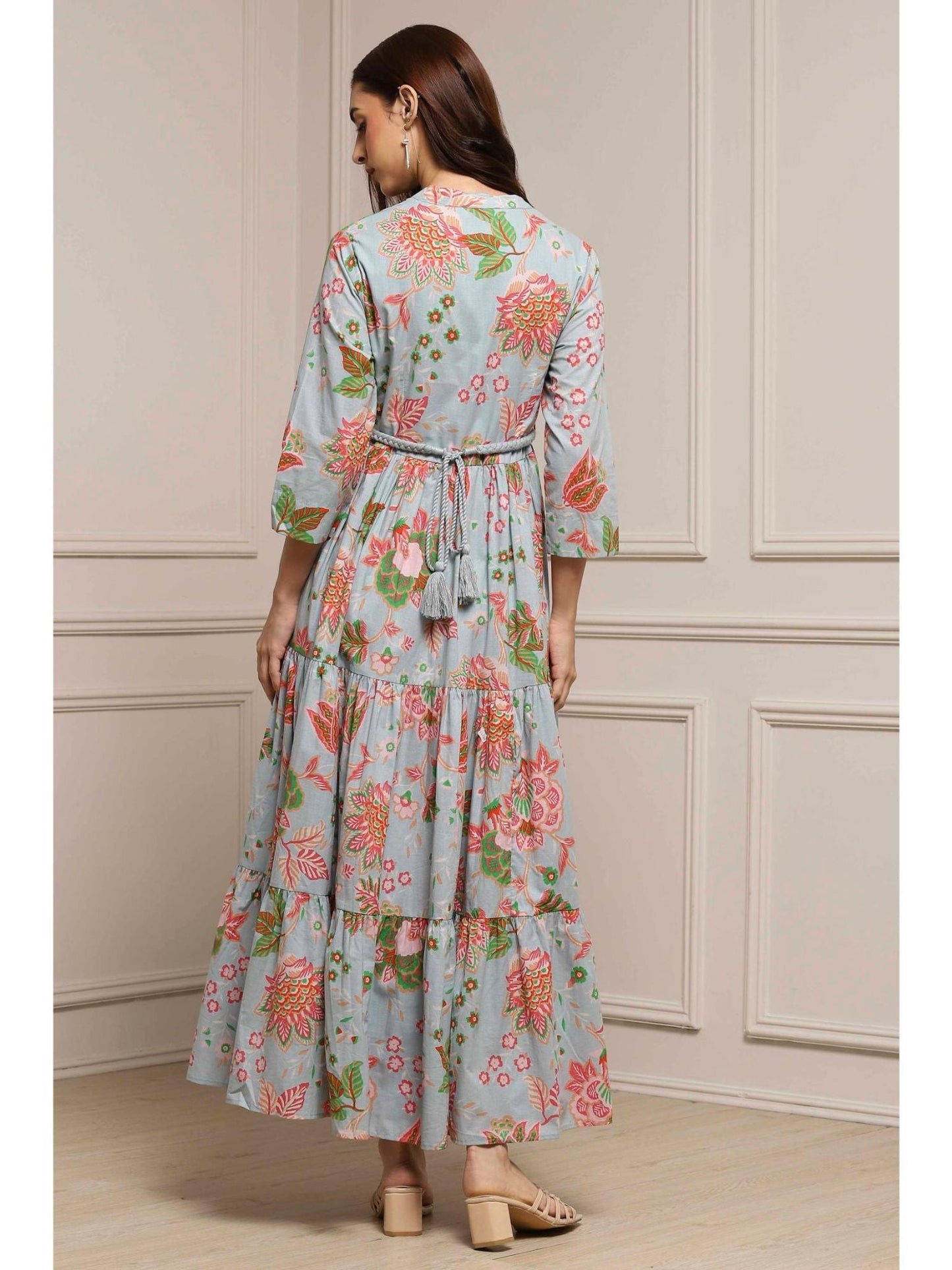 Women Light Blue Cotton Dress with Belt (Set of 2)