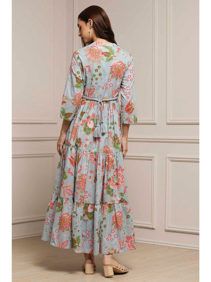 Women Light Blue Cotton Dress with Belt (Set of 2)