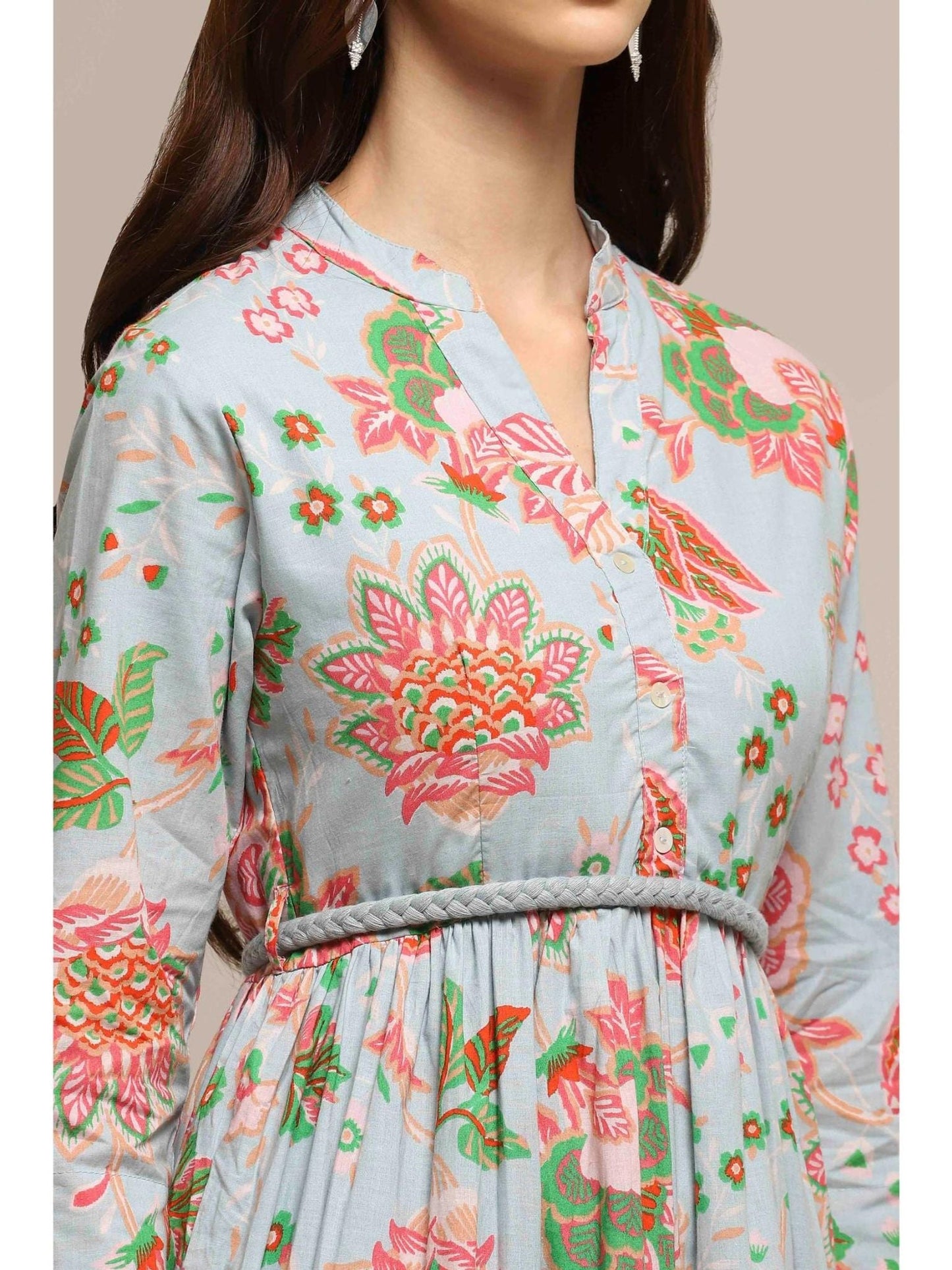 Women Light Blue Cotton Dress with Belt (Set of 2)