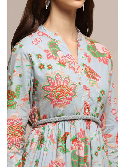 Women Light Blue Cotton Dress with Belt (Set of 2)